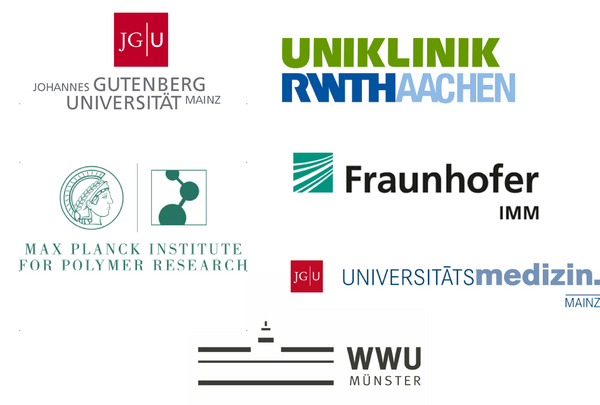 Partnereinrichtungen des SFB 1066 Logos von JGU, Uniklinik RWTH Aachen, Fraunhofer Institut, UMC, Max Planck Institute for Polymer Research, WWU Münster