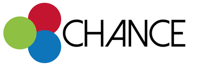 CHANCE Logo: drei Punkte, Grün, Blau und Rot und das Wort "CHANCE"