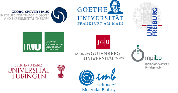 Partnereinrichtungen Logos: Georg Speyer Haus, Goethe Universität Frankfurt, Uni Freiburg, JGU, LMU, MPI BP, IMB, Universität Tübingen 