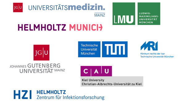 Logos Partnerinstitutionen TRR 355, UMC, LMU, Helmholtz Munich, TUM, JGU, MRI, Helmholtz Zentrum für Infektionsforschung